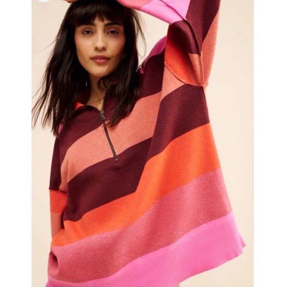 NWOT Free People Coastal Stripe 1/4 Zip Pullover Size S Oversized Fit